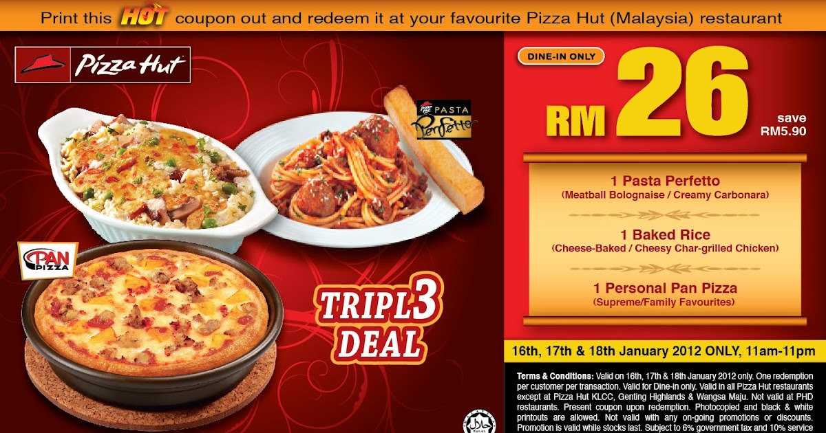 Pizza hut coupon code pasta Pizza Hut reserves the right to change and / or remove items from menu without prior notice. Delivery operating hours vary depending on store location. Savings are calculated based ala-carte price. Minimum order of RM20 applies for delivery. Limited delivery areas apply.